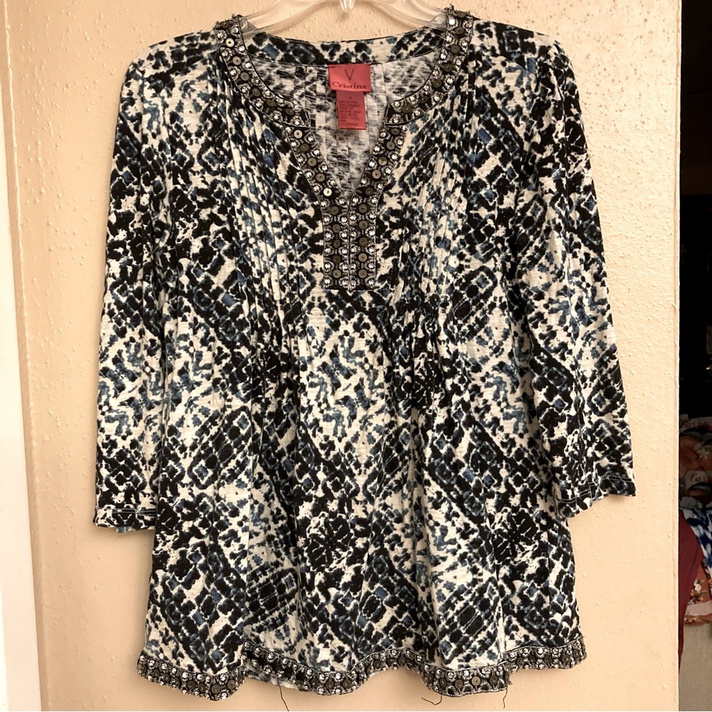 Beaded Black and Blue Tunic Top